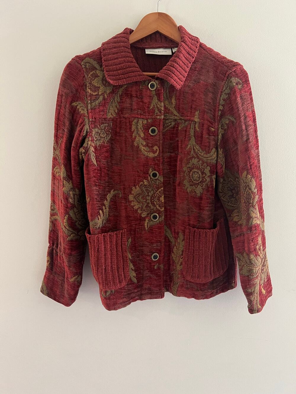 Susan Bristol Tapestry Button Down Collared Jacket Wearable Art Floral Small JL